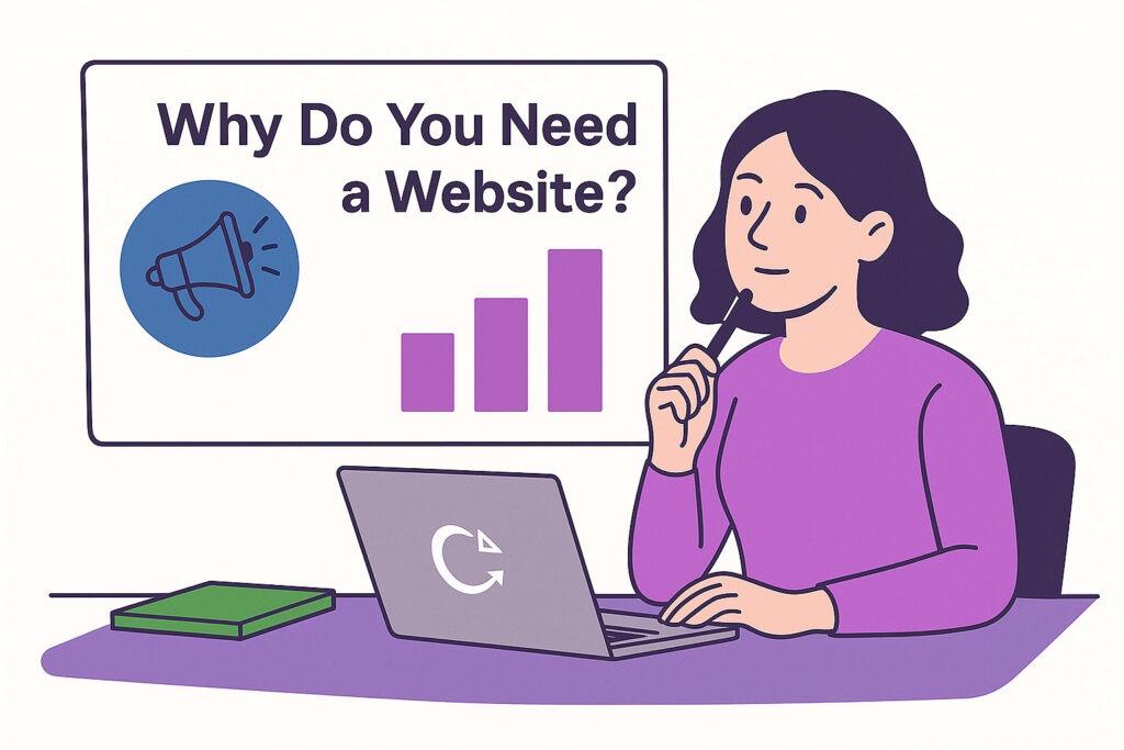 Businesswoman planning a website strategy with icons representing growth, marketing, and global reach